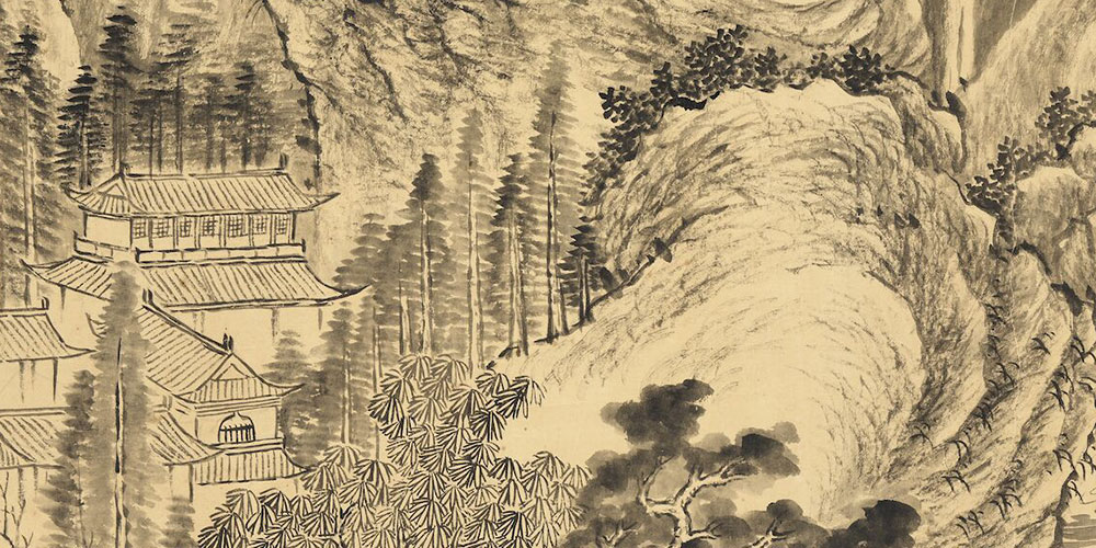 山寺清幽，直踞千寻云岭；江楼宏敞，遥临万顷烟波。