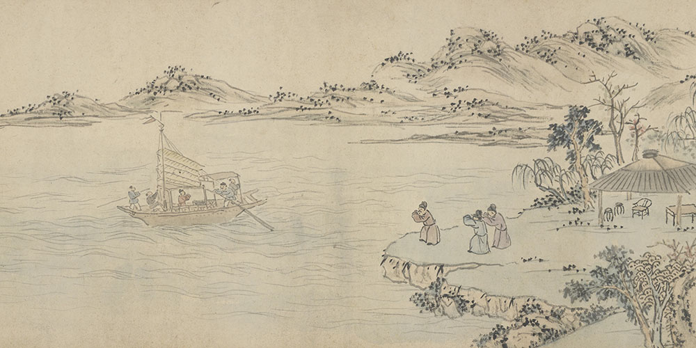 鸟向平芜远近，人随流水东西。