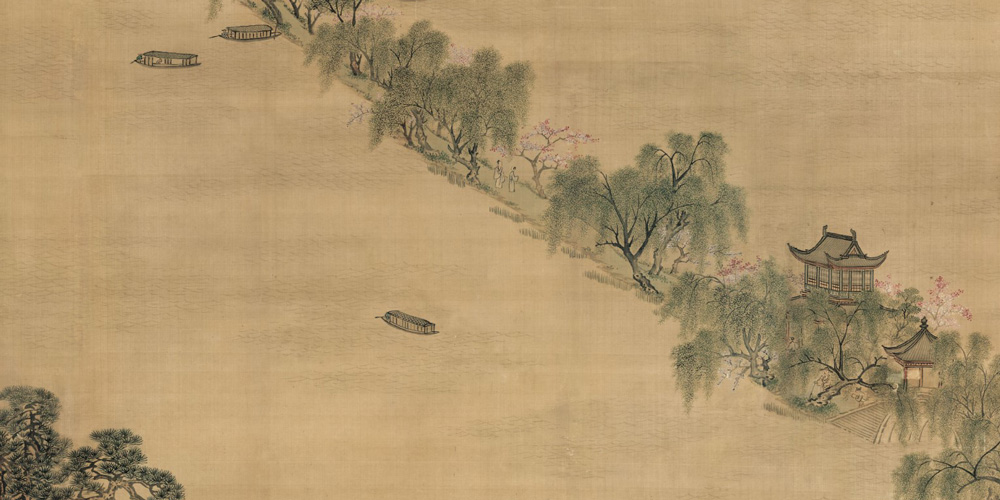 残霞夕照西湖好，花坞苹汀，十顷波平，野岸无人舟自横。