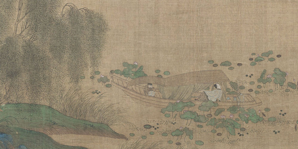 画船撑入花深处，香泛金卮。
