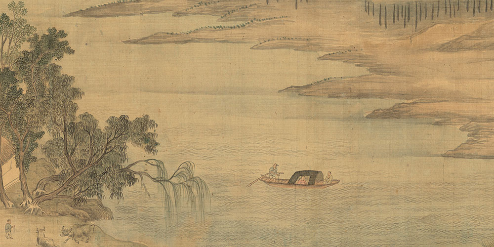 飞花两岸照船红，百里榆堤半日风。