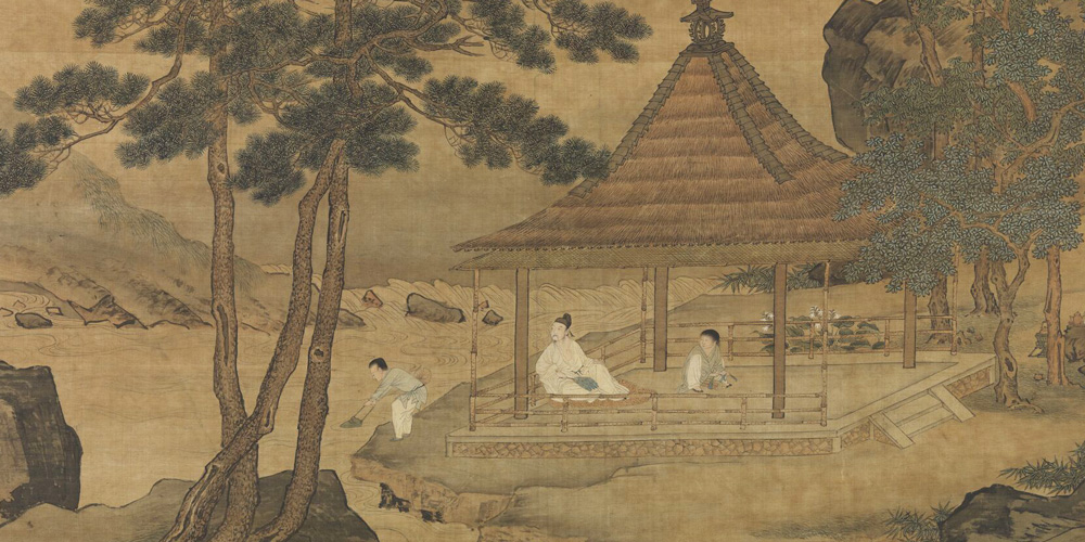 为爱琉璃三万顷，正卧水亭烟榭。