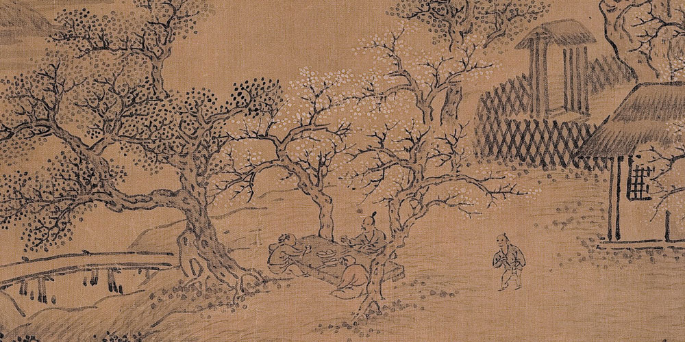 山上层层桃李花，云间烟火是人家。